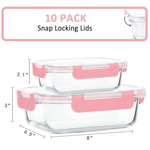 M MCIRCO 10 Pack Glass Food Storage Containers with Lids, Pink - color: pink