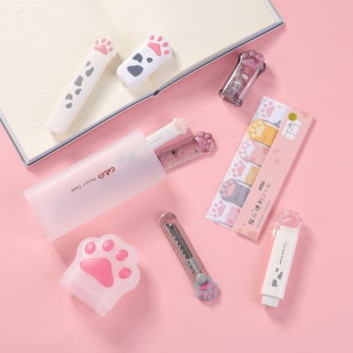 9 Pcs Cute Cat Paw Stationery Set Kawaii School Supplies Including Pencil Sharpener Retractable Eraser Correction Tape Sticky Notes Ruler Mini Scissors Utility Knife for Cat Lovers Students (White) - style: Style B(White)