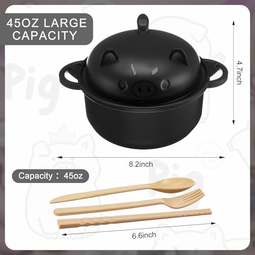 1 Set Large 45oz Cute Pig Ramen Bowl Set Microwavable Cooker, Black - color: Black