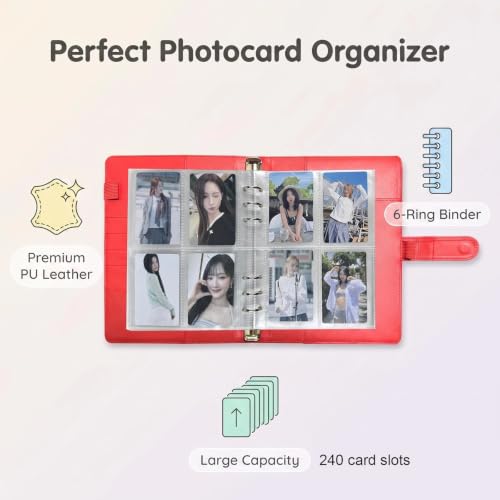 A5 Kpop Photocard Binder, 6 Ring Binder Collector’s Album with 240 Card Slots, PU Leather Binder Cover for Organizing K-Pop, Trading Cards, Game Cards & Memorabilia (Red) - color: Red
