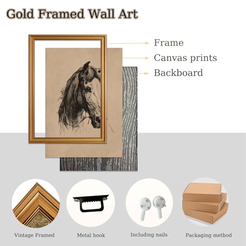 Gold Framed Wall Art Vintage Horse Head Sketch Canvas Prints Decor - color: Horse head, size: 8"x10"
