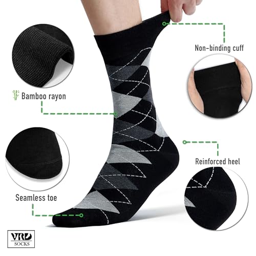 VRD Men's Dress Socks Bamboo Rayon, 5-Pack Crew Socks, Multiple Colors and Designs, Shoe Size 8-13, Gift Box - color: 01: Black, 5-pack Mix (2 Solid, 1 Striped, 1 Dotted, 1 Argyle)