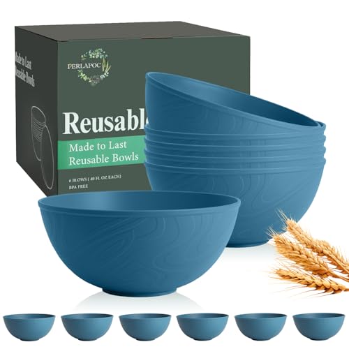Wheat Straw Bowls 40OZ Set of 6,Unbreakable Plastic Bowls Set,Blue - color: Blue, size: 40 OZ