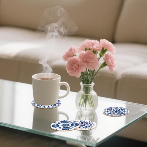ANATTASOUL Blue Spanish Pattern Wooden Coasters Set of 9 Bulk(3.9") - style: Blue Spanish Pattern