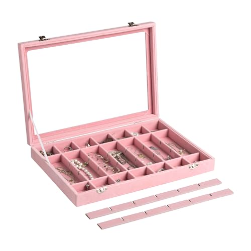 Frebeauty 35 Grid Earring Organizer,Velvet Jewelry Tray with Clear Lid - color: Pink, size: 35 Grid