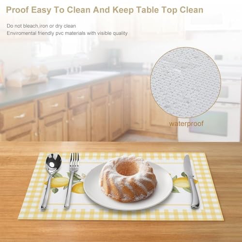 Yellow Lemon Buffalo Plaid Floral Placemats Set of 4, 12x18 Inch - color: Lemon05, size: 4pcs