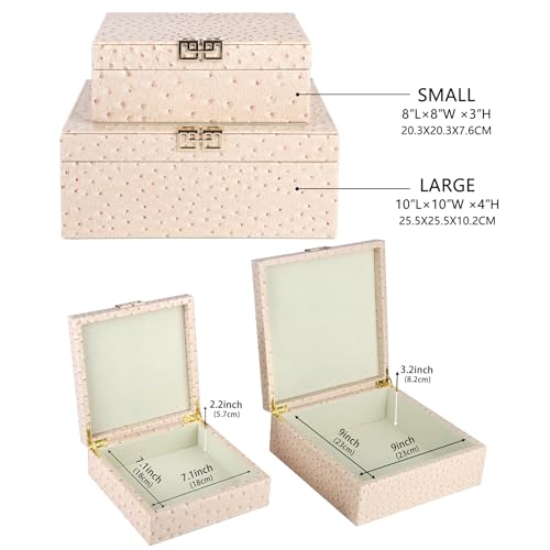 HofferRuffer Square Decorative Boxes, Set of 2 Nesting Storage Memory Keepsake Boxes with Lids, Stylish PU Leather Trinket Jewelry Organizer Box for Home Decor and Storage (CreamWhite Ostrich) - color: CreamWhite Ostrich