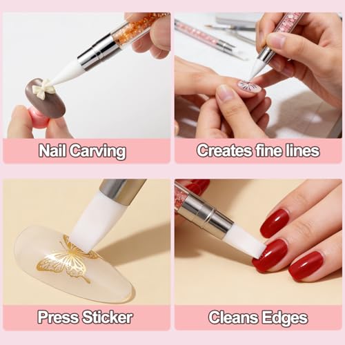 5Pcs Silicone Nail Tools, AIBEE Dual Tipped Nail Sculpting Tool Acrylic Handle Rubber Nail Brush Nail Art Tools for Design Carving Drawing Shaping
