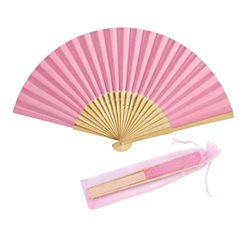 50pcs Paper Hand Fan with Organza Bags Bamboo Handheld Folding Fan DIY Decorative Wedding Party Favors (Pink) - color: Pink