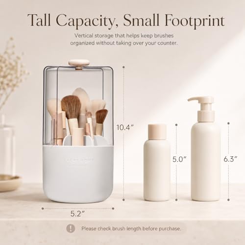 EACHY Makeup Brush Holder with Lid, 360° Rotating Vanity Organizer for Brushes, Dustproof Cosmetic Display Case, 7 Compartments, Waterproof Plastic (White) - color: White