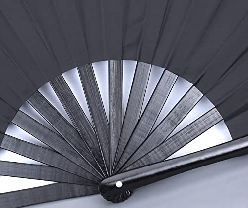 Large Folding Hand Rave Fan for Men Women Dance Gift, Bamboo Nylon-Cloth Black Hand Fan 13 inch (Black Bamboo) - color: Black Bamboo