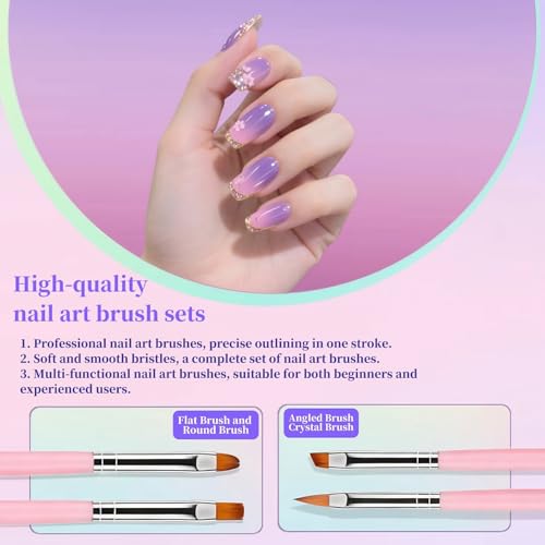 9Pcs Nail Art Brushes Set, 5 Pink Art Liners & 4 Multi-Shape Gel Brushes