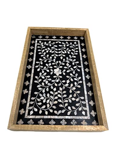 Decorative Wooden Serving Tray with Mother of Pearl Inlay Handcrafted Rectangle Coffee Table Tray Kitchen & Home Décor
