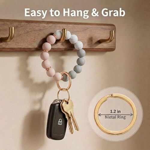 BIHRTC Key Ring Bracelet Car Keychain Holder Wristlet Silicone Women Beaded Bangle Chains - color: Grey Pink
