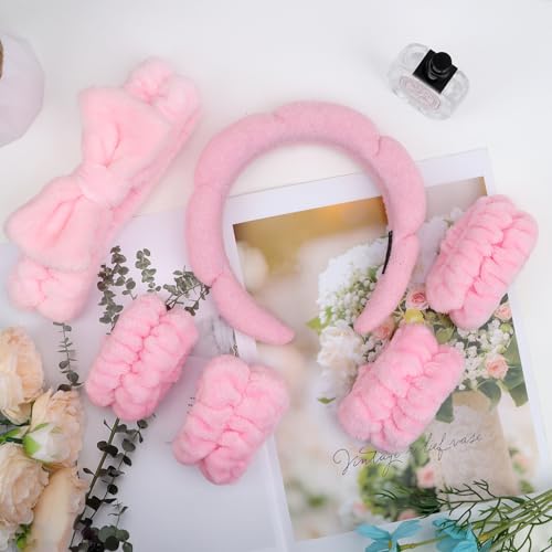 Pink Skincare Bubble headband and wristband set for Face Washing - color: Pink