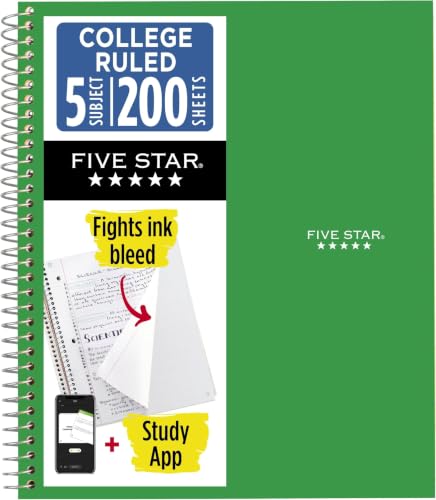 Five Star Spiral Notebook + Study App, 5 Subject, College Ruled Paper, 8-1/2" x 11", 200 Sheets, Fights Ink Bleed, Water Resistant Cover, Forest Green (72079) (Pack of 6) - color: Green, size: 1 Count (Pack of 6)