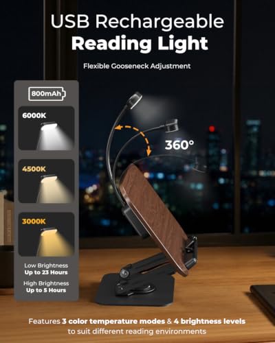 Book Stand with Reading Light, 360° Rotating Book Holder for Desk, Foldable Cookbook Stand with Page Clips, Height & Angle Adjustable Reading Stand for Textbooks, Tablets - color: Dark Wood With Light
