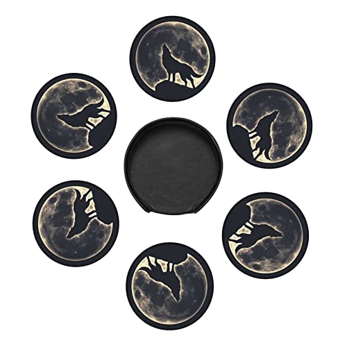 6 Pcs Leather Coasters for Drinks with Holder Howling Wolf Full Moon Coaster Sets Drink Table Cup Coasters for Kitchen Coffee Decor - color: Full Moon Wolf
