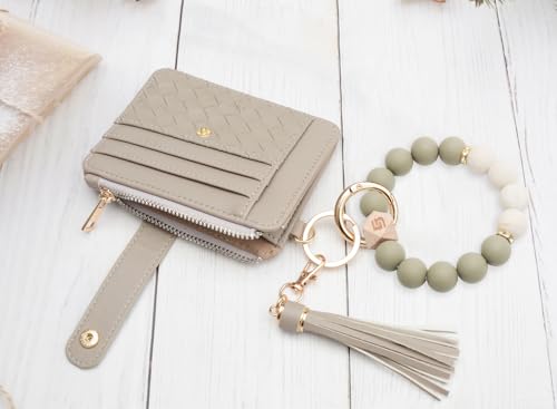 COOLANS Silicone Bracelet Wristlet Wallet Credit Card Holder RFID ID Window Key Ring Tassel Slim Wallet Women Keychain Purse - color: Grey