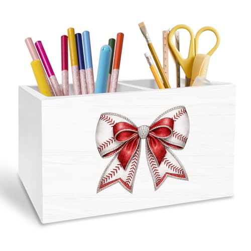 Coquette Baseball Bow Pen Holder for Desk, Baseball Lover Player Fan Gifts Pencil Organizer, Glitter Bow Sports Wooden Box Sign Desk Decor for Girls Dorm Home Office Decoration - color: Baseball Bow