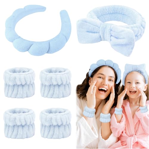6 Pcs Puffy Terry Cloth Headbands and Wristbands - Sponge Makeup Removal Shower Masks for Skincare and Face Washing - color: Blue