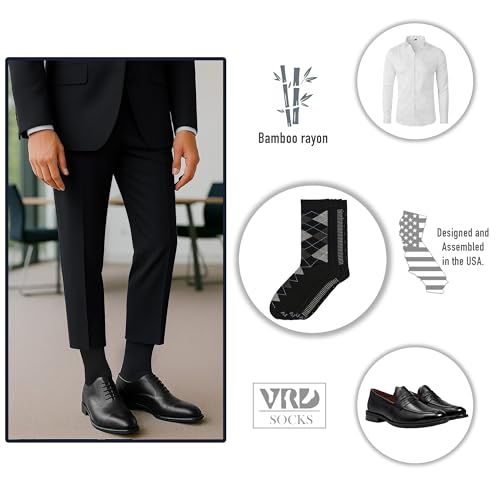 VRD Men's Dress Socks Bamboo Rayon, 5-Pack Crew Socks, Multiple Colors and Designs, Shoe Size 8-13, Gift Box - color: 01: Black, 5-pack Mix (2 Solid, 1 Striped, 1 Dotted, 1 Argyle)