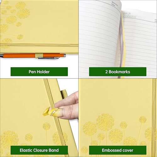 Notebook Journal for Women,A5 Hardcover Leather Journaling Notebooks for Work,200 Pages Travel Journal for Women Men with Pen Holder and Ribbon,5.78"×8.34"(Yellow) - color: Yellow