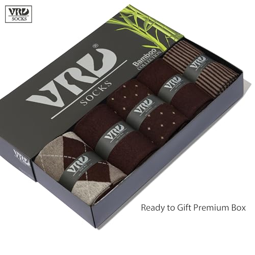 VRD Men's Dress Socks Bamboo Rayon, 5-Pack Crew Socks, Multiple Colors and Designs, Shoe Size 8-13, Gift Box - color: 07: Dark Brown, 5-pack Mix (2 Solid, 1 Striped, 1 Dotted, 1 Argyle)