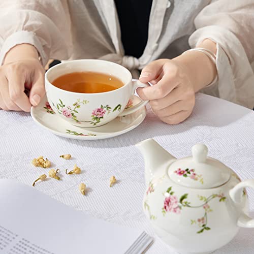 Tea for One Set, Teapot and Cup Set, Rattan Flower Design - color: Pink flower