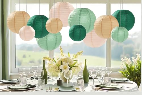 Sage Green Paper Lanterns Decorative 12pcs Party Hanging Decorations for Rustic Party Bridal Shower Wedding Baby Shower Graduation Anniversary Neutral Room Decor - color: Sage Green,forest Green,brown,ivory