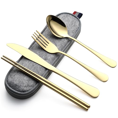 DEVICO Travel Utensils with Case, 5 Piece Portable Silverware Set for Work - color: Gold