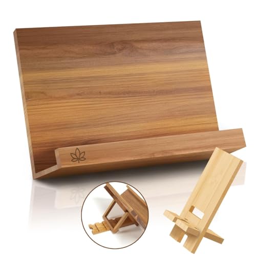 Acacia Cookbook Stand for Kitchen Counter – Adjustable Wooden Recipe Book Holder for Cookbooks, Recipe Binders & Tablets | Foldable Wood Book Stand with Bamboo Phone Holder | Gift-Ready Kitchen Set