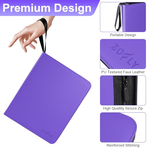 50 Pack 9 Pocket Card Binder, 3 Ring Premium Zip Trading Card Binder, 900 Large Capacity Top Loading Card Storage Album, PU Card Collection Binder for TCG, MTG, Baseball Hockey Sport Cards, Purple - color: Purple