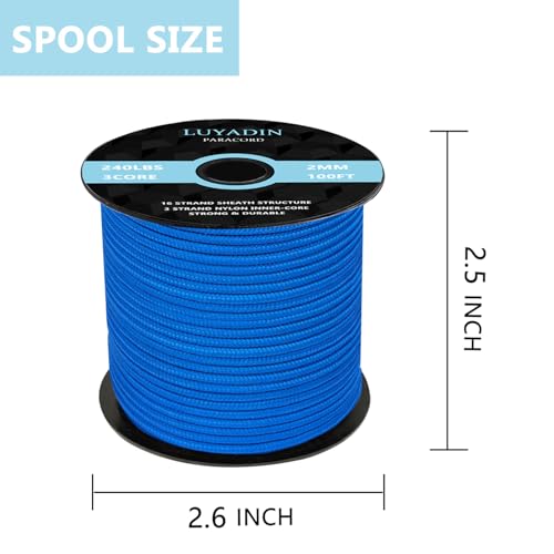 Paracord 240lb - Diameter 2mm Micro Utility Cord -3 Strand Parachute Spool Cord - 100ft 200ft,Paracord for Camping,Hiking,Fishing,Outdoor and DIY - color: Blue, size: 100 ft