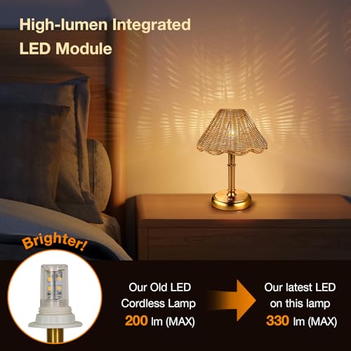 Mini Cordless Boho Rattan Table lamp, 5200-mAh Rechargeable Battery, 3-Level Brightness Dimmable, Build-in Integrated LED 320 Lumen Max, Rattan Shade, for Bedside Restaurant Dining Table - color: 11'' Tall Gold