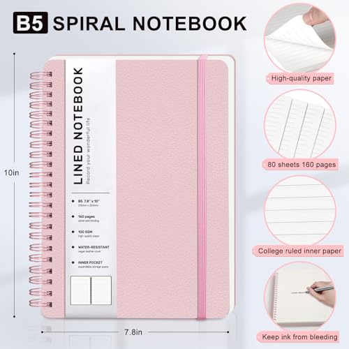 Lined Spiral Journal Notebook, B5 Hardcover Leather Notebook for Work, 7.8''×10'', 100GSM Thick Paper Spiral Bound Journaling Notebooks for Women & Men Office School Note Taking Business, Pink - color: Pink, size: B5