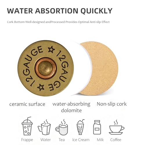 Coasters for Drinks with Holder Set of 6, Shotgun Shell Ceramic Coaster Absorbent for Office Desk Table Coasters Kitchen Decor House Warming Gifts for New Home Couples, Round 4" - color: Shotgun Shell