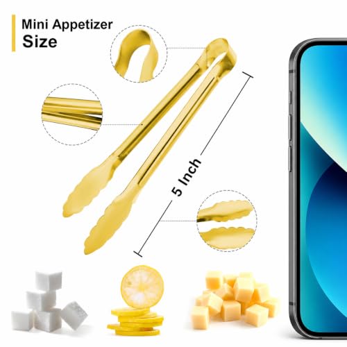 8PCS Gold Mini Metal Tongs, 5" Stainless Steel Serving Tiny Tong, Small Kitchen Accessories for Appetizer, Ice, Sugar Cube, Salad, Toaster, Desserts (Gold, 5 INCH) - size: 5 INCH