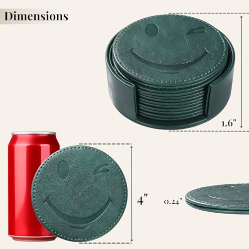 Coasters for Drinks Set of 6 with Holder, 6-Piece Leather Coasters with Embossed Smiley Designs - Durable Drink Coasters Set for Home, Bar, or Office - Green - color: Green
