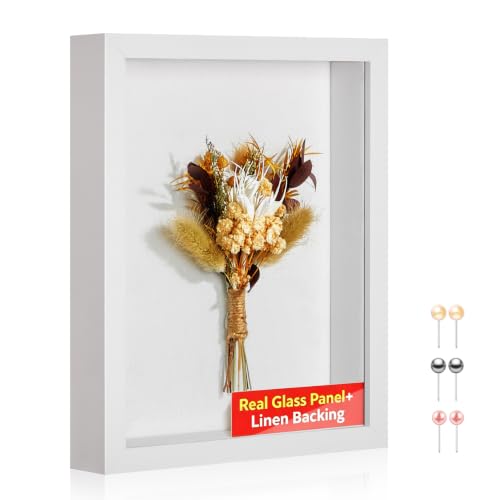 11x14 Shadow Box Picture Frame with Real Glass Panel and Linen Back - color: White + Thickened Panel + Foam Packaging, size: 11x14