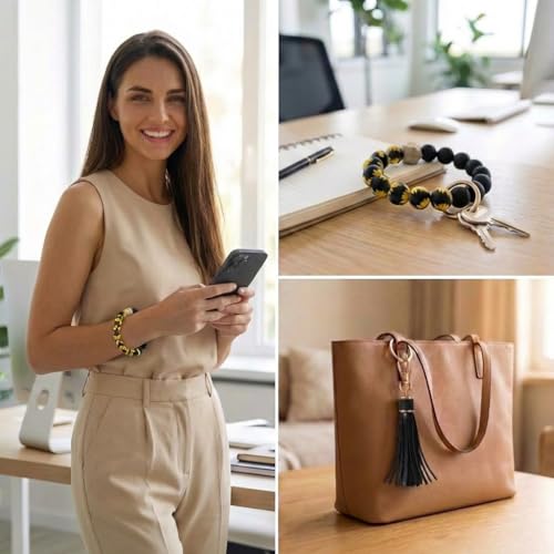 BIHRTC Key Ring Bracelet Car Keychain Holder Wristlet Silicone Women Beaded Bangle Chains - color: Sunflower