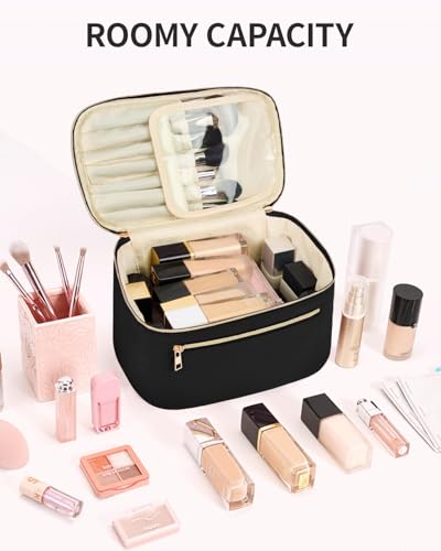 Wandering Nature Makeup Bag, Women Travel Make Up Vanity Case with Handle - color: Black, size: Large