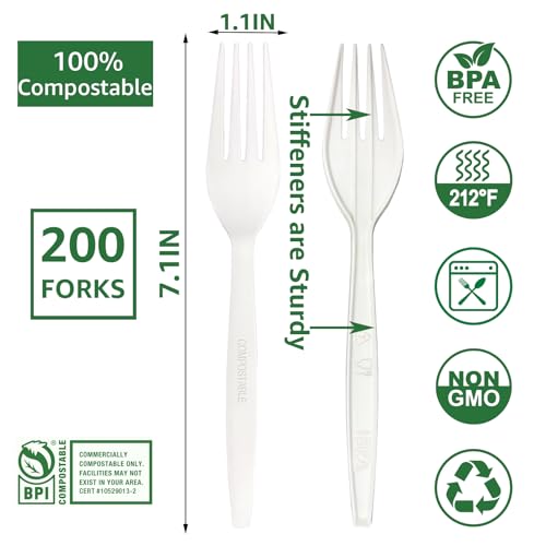 MISISIPI [7.1In 200Pcs] 100% Compostable Forks Biodegradable Forks HeavyDuty No Plastic Forks Eco-friendly HeavyWeight Disposable Forks Tableware Set for Lounge,Party,BBQ,Cafeteria,Wedding,Picnic - style: FORKS-200
