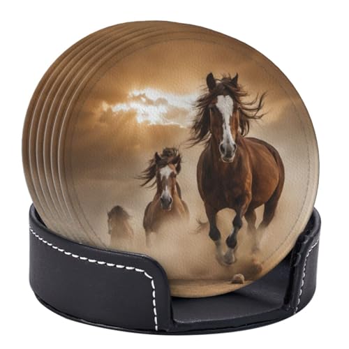 6 Pcs Leather Coasters for Drinks with Holder Two Running Horses Coaster Sets Drink Table Cup Coasters for Kitchen Coffee Decor - color: Two Running Horses