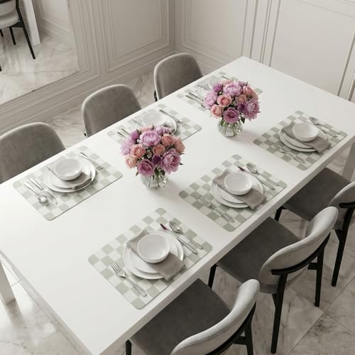 Set of 6 Checkerboard Non-Slip Washable Placemats for Dining Table - color: Sage Green