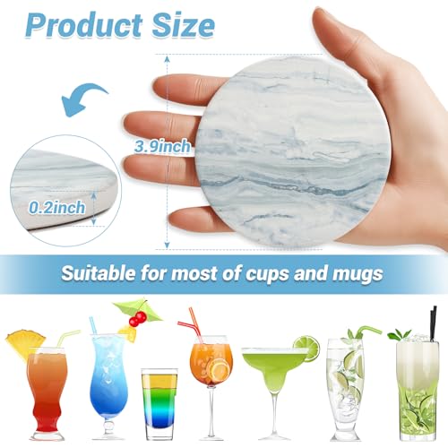 Acejoz Drink Coasters with Holder for Coffee Table, Absorbent Coasters Set of 6, Marble Style Ceramic Coaster for Wooden Table, Suitable for Kinds of Cups, Home Decor, 4 Inches(Blue) - color: Blue Marble