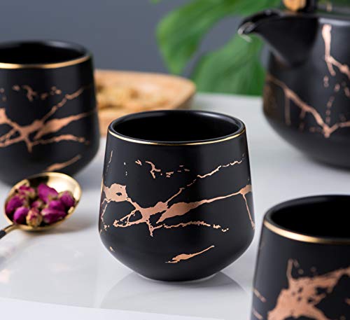 Serve of 4-Marble Porcelain Teapot Set with Infuser for Loose Tea, Black - color: Black