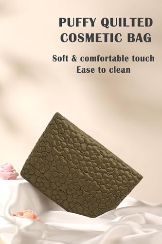 Puffy Quilted Makeup Bag, Cosmetic Bag, Travel Toiletry Organizer Pouch, Clutch for Wom (Brown Flower) - color: Brown Flower