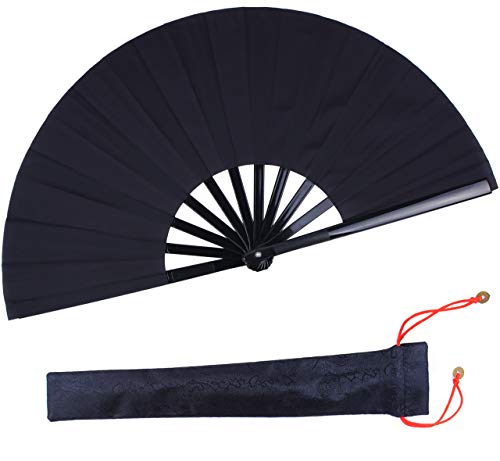 Folding Fan Black Large Hand Fan Chinese Kung Fu Tai Chi Hand Held Plastic-Nylon Folding Fans for Men with a Fabric Case for Protection 13inch - color: Black with Case