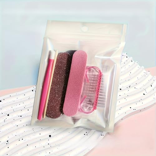 5PCS Nail Care Kit with Mini Nail File, Cuticle Pusher & Nail Cleaning Tools, Portable Manicure & Pedicure Set, Pink or Gray (PINK)
